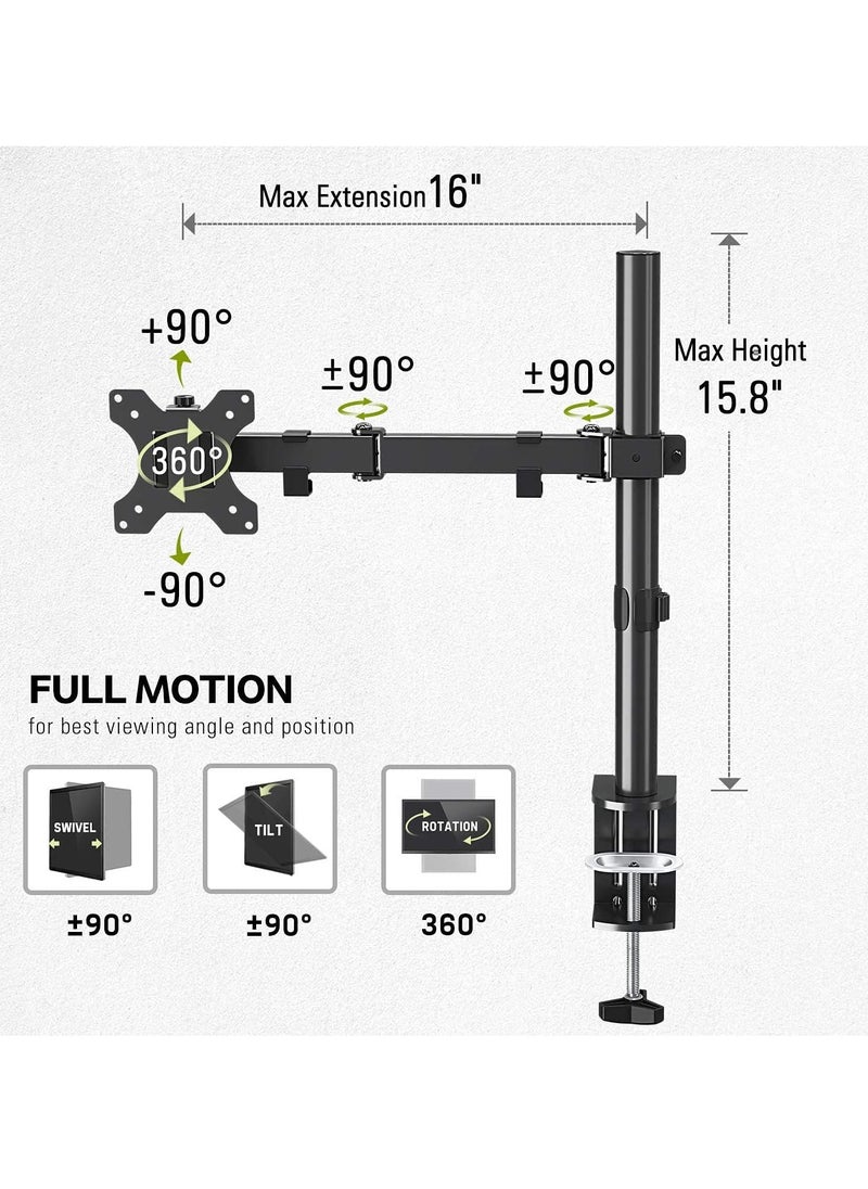 13-27"Single Monitor Stand Mount, Heavy-Duty Fully Adjustable Desk Clamp Arms for Computer Screens, Loads up to 17.6lbs per arm w/Swivel and Tilt, 75/100mm VESA, Black
