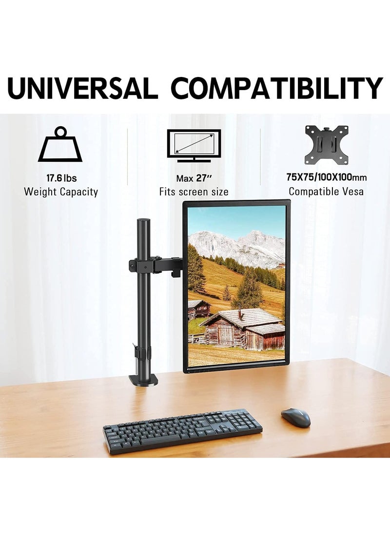 13-27"Single Monitor Stand Mount, Heavy-Duty Fully Adjustable Desk Clamp Arms for Computer Screens, Loads up to 17.6lbs per arm w/Swivel and Tilt, 75/100mm VESA, Black