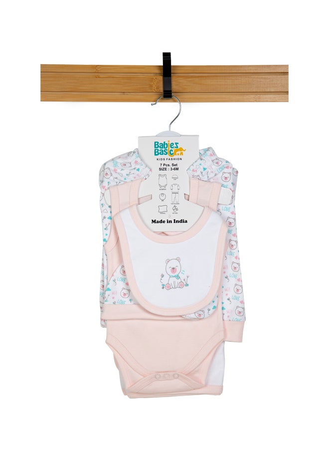 Babies Basic 7 Piece Unisex 100% Cotton Gift Set Include Bib, Blanket, Mitten, Cap, Romper, Top And Bottom Set, Pink  - Image 1