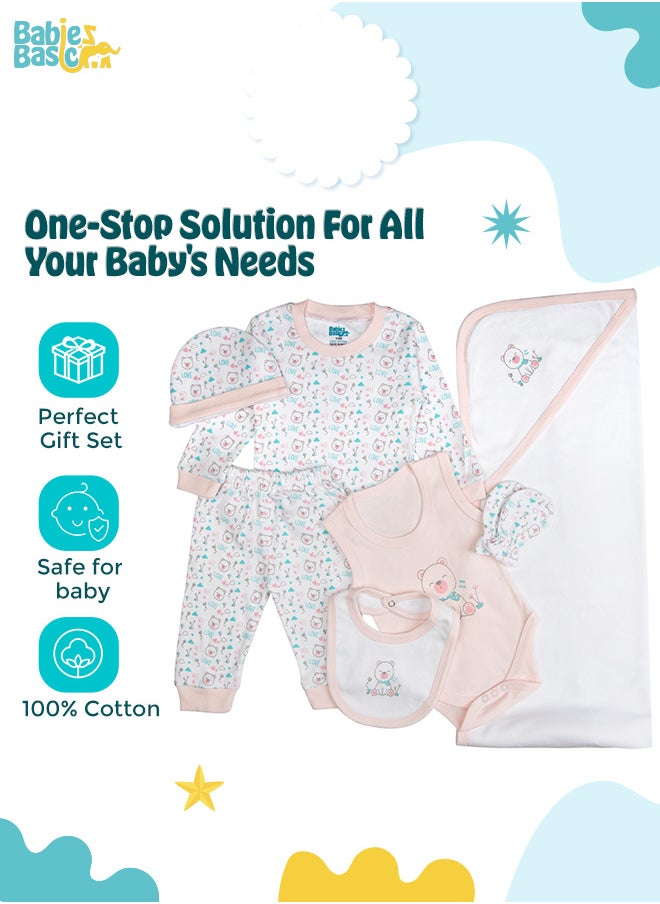 Babies Basic 7 Piece Unisex 100% Cotton Gift Set Include Bib, Blanket, Mitten, Cap, Romper, Top And Bottom Set, Pink  - Image 2