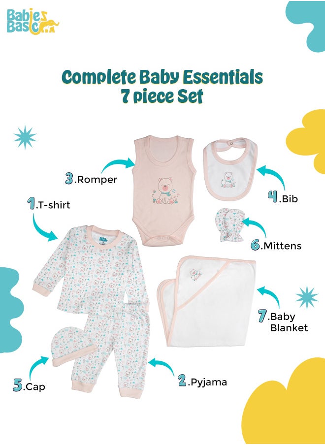 Babies Basic 7 Piece Unisex 100% Cotton Gift Set Include Bib, Blanket, Mitten, Cap, Romper, Top And Bottom Set, Pink  - Image 3