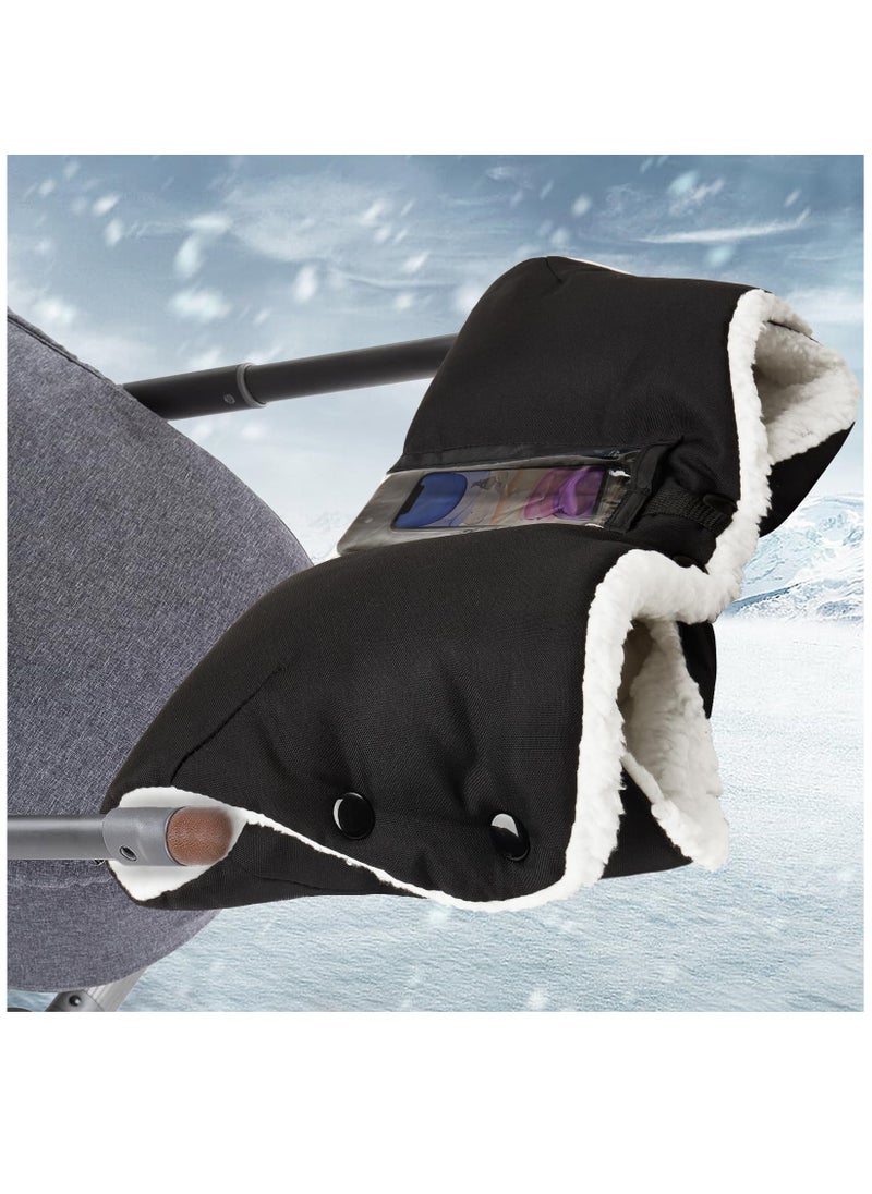 Excefore Stroller Hand Gloves, Baby Stroller Gloves Thick AntiFreeze Mittens Hand Warmer, Universal Warm Winter Gloves Water Repellent Pram Hand Gloves With Touch Screen Phone Bag For Cold Weather, Black  - Image 1
