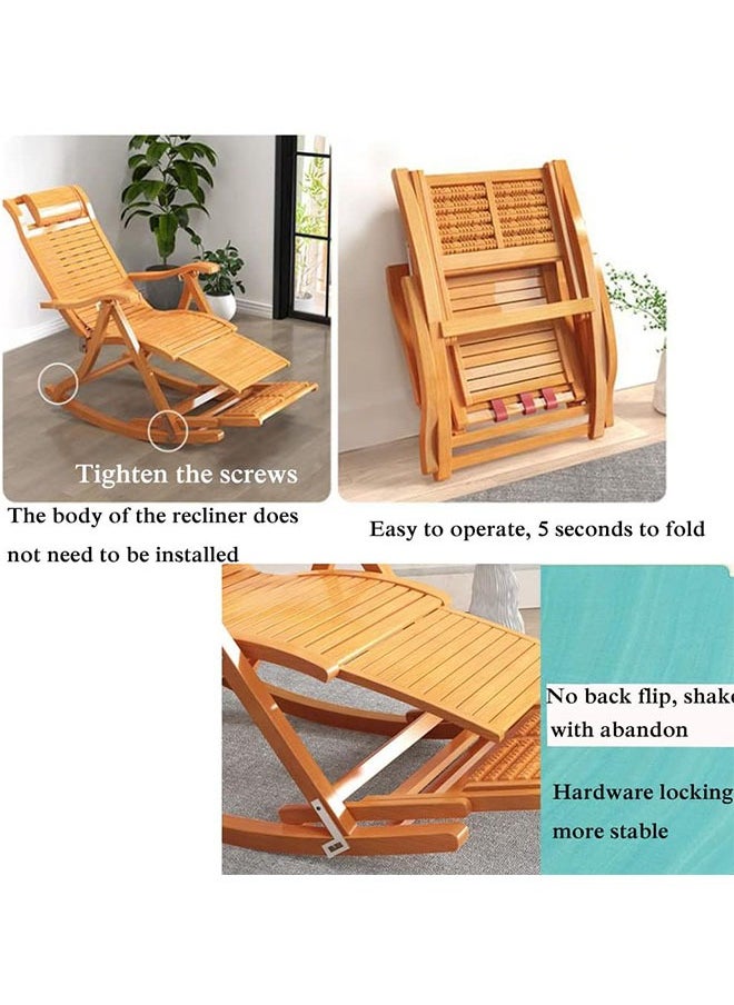 Bamboo Reclining Chair,Folding Rocking Chair with Adjustable Backrest, Lounge Chair with Massage Footrest，Ergonomic Curve Headrest