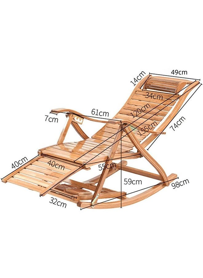 Bamboo Reclining Chair,Folding Rocking Chair with Adjustable Backrest, Lounge Chair with Massage Footrest，Ergonomic Curve Headrest