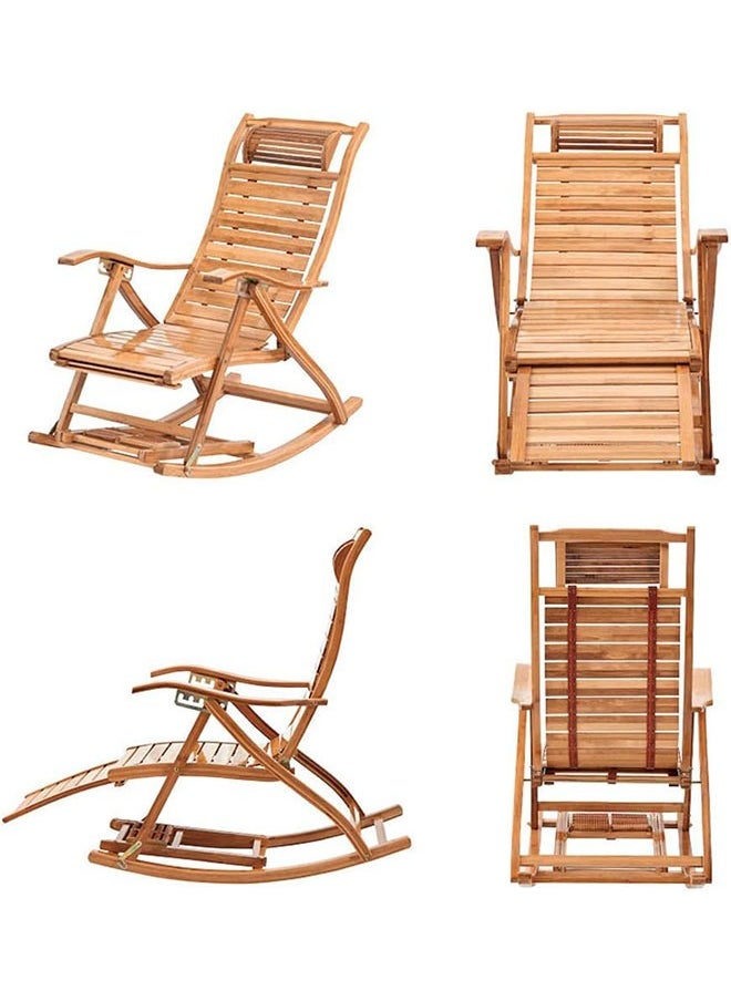 Bamboo Reclining Chair,Folding Rocking Chair with Adjustable Backrest, Lounge Chair with Massage Footrest，Ergonomic Curve Headrest