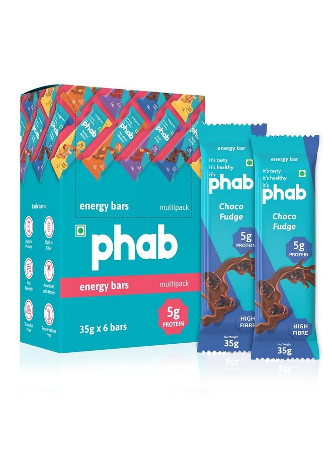 Phab - Phab Choco Fudge Energy Bars with 5g Protein, High Fibre & Gut-friendly | Naturally Sweetened with Honey, Trans Fat Free & No Preservatives | Healthy & Delicious Dark Chocolate Chips (Pack of 6) - Image 1