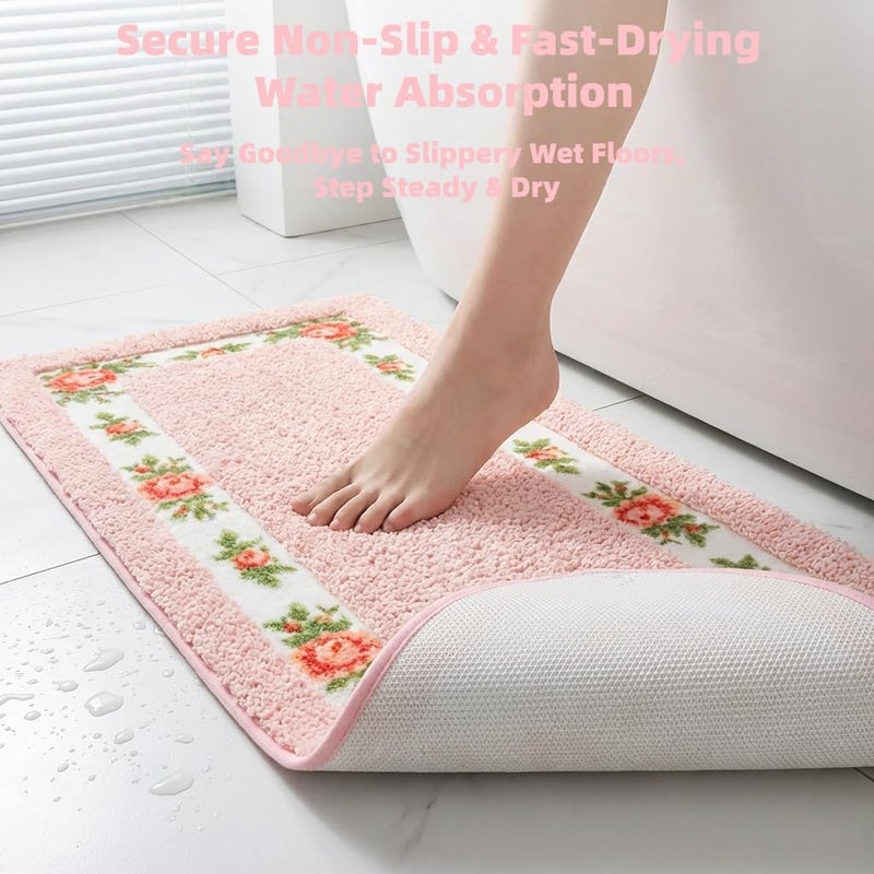 Stay Young Decorative Rose Flower Area Rugs for Bedroom Living Room,Pink Bath Mat Bathroom Rugs,Super Soft Non Slip Absorbent,Floral Style Coquette Room Decor 17.71 x 47.24 Inches - Image 4
