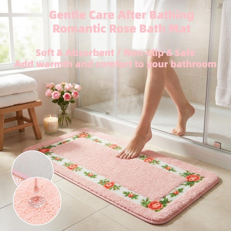 Stay Young Decorative Rose Flower Area Rugs for Bedroom Living Room,Pink Bath Mat Bathroom Rugs,Super Soft Non Slip Absorbent,Floral Style Coquette Room Decor 17.71 x 47.24 Inches - Image 3