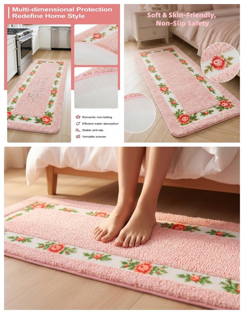 Stay Young Decorative Rose Flower Area Rugs for Bedroom Living Room,Pink Bath Mat Bathroom Rugs,Super Soft Non Slip Absorbent,Floral Style Coquette Room Decor 17.71 x 47.24 Inches - Image 5