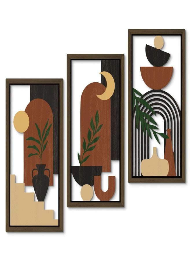 Putuo Decor Boho Wall Art Set of 3 Modern Minimalist Wooden Wall Decor Abstract Terracotta Room Decorations Mid Century Artwork for Living Room Bedroom Office in Terracotta Noir 16.5 x 8.6 Inch - Image 1