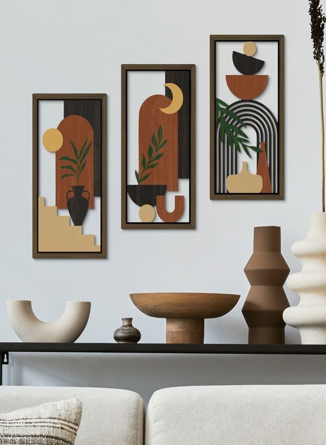 Putuo Decor Boho Wall Art Set of 3 Modern Minimalist Wooden Wall Decor Abstract Terracotta Room Decorations Mid Century Artwork for Living Room Bedroom Office in Terracotta Noir 16.5 x 8.6 Inch - Image 4