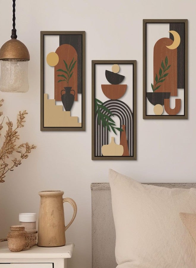 Putuo Decor Boho Wall Art Set of 3 Modern Minimalist Wooden Wall Decor Abstract Terracotta Room Decorations Mid Century Artwork for Living Room Bedroom Office in Terracotta Noir 16.5 x 8.6 Inch - Image 2