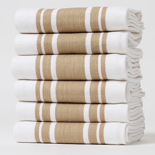 Casa De Lan Kitchen Towels Set – Pack of 6 (20’’ x 30’’) Extra Large Premium Cotton Dish Towels for Kitchen – Super Striped Towels – Absorbent – 100% Cotton – with Hanging Loop – Beige - Image 1
