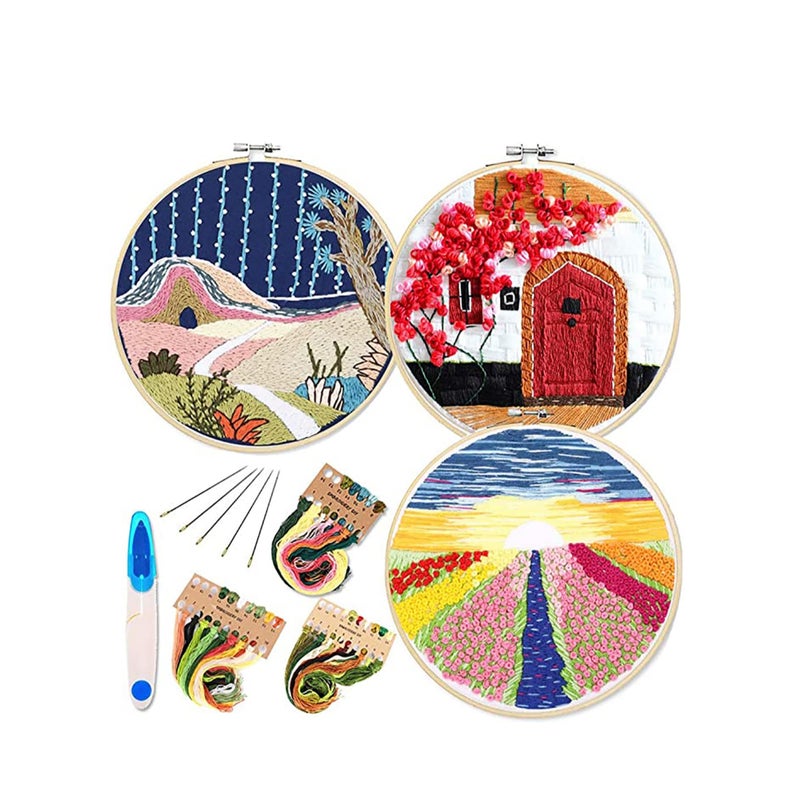 SOLARAE Embroidery Starter Kit with Pattern and Instructions 3 Sets Cross Stitch Kit Include Embroidery Clothes with Plants Flowers Pattern 1 Embroidery Hoops Color Threads and Tools - Image 1