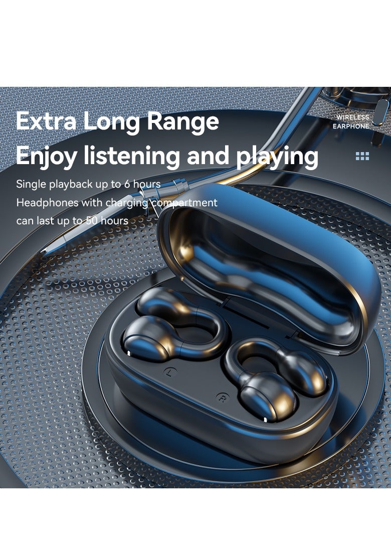 True Wireless Open-Ear Bone Conduction Bluetooth Earphones | 2025 New Clip-On & Hook Ear Design | Sports Headphones for Men & Women | Battery Display | Waterproof & Sweatproof | Compatible with Apple, Android, and Computers.