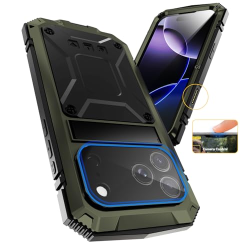 FunnyWin iPhone 17 Pro Max Metal Case, Military Grade Heavy Duty Aluminum Rugged Cover with Screen Protector Stand Camera Control Shockproof Dustproof Full Body Protection for Men/Women (Green) - Image 5