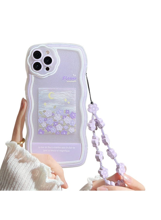 iPhone 12 Pro Max Case, Cute Purple Floral Pattern Design Aesthetic with Lens Protection & Chain for Women, Teen Girls - Image 1