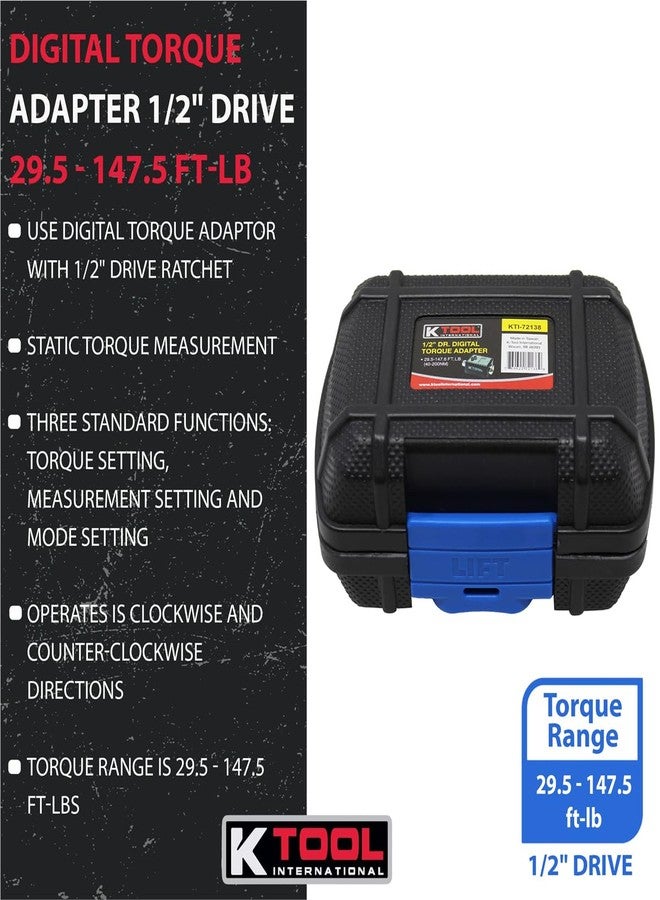 K-Tool International K Tool International 72138 1/2" Drive Ratchet Digital Torque Adapter for Garages, Repair Shops and DIY, Torque Range 29.5-47.5 ft-lbs, 3 Settings; Torque, Measurement and Mode. Molded Case - Image 2