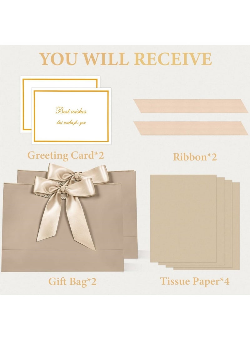 saykfoe 2PCS Champagne Large Gift Bags, Paper Bags with Ribbon, Greeting Cards and Tissue Paper, Portable Party Bags with Handles, Birthday Gift Bags, Present Bags for Wedding Party, Party Supplies（32*25*11cm） - Image 5