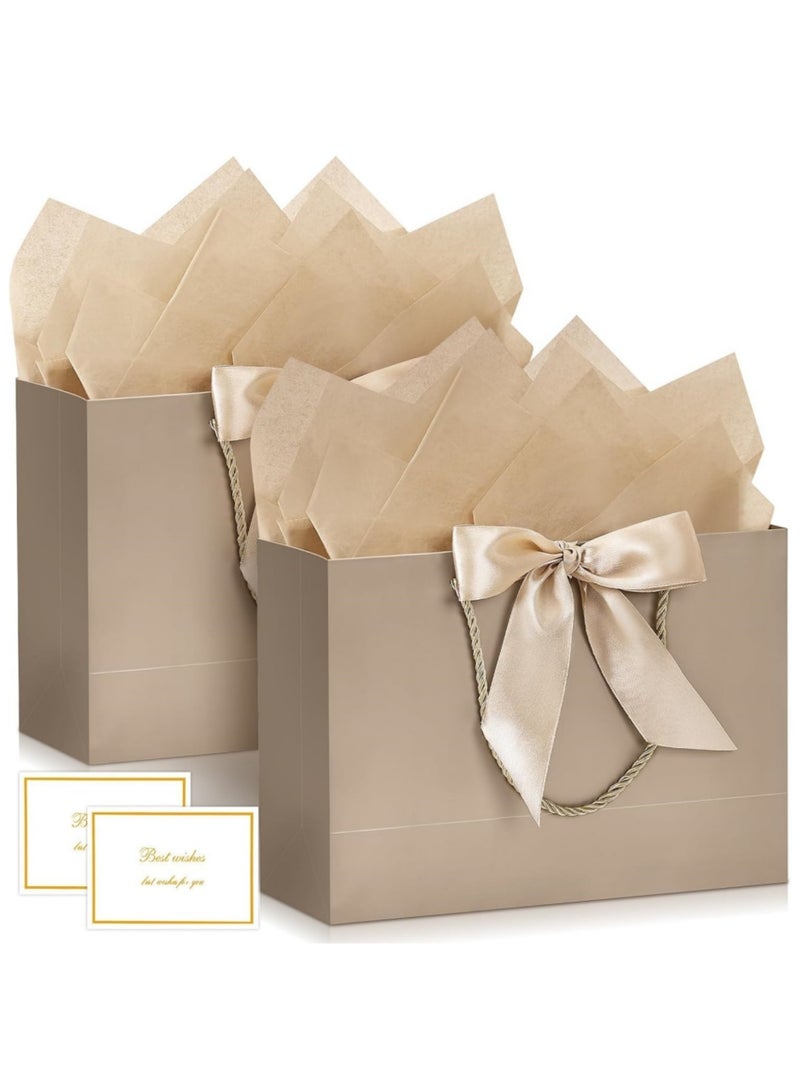 saykfoe 2PCS Champagne Large Gift Bags, Paper Bags with Ribbon, Greeting Cards and Tissue Paper, Portable Party Bags with Handles, Birthday Gift Bags, Present Bags for Wedding Party, Party Supplies（32*25*11cm） - Image 1
