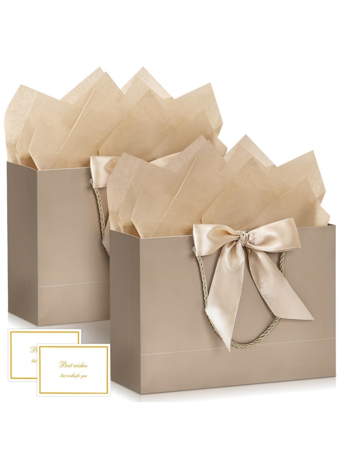 2PCS Champagne Large Gift Bags, Paper Bags with Ribbon, Greeting Cards and Tissue Paper, Portable Party Bags with Handles, Birthday Gift Bags, Present Bags for Wedding Party, Party Supplies(32*25*11cm)