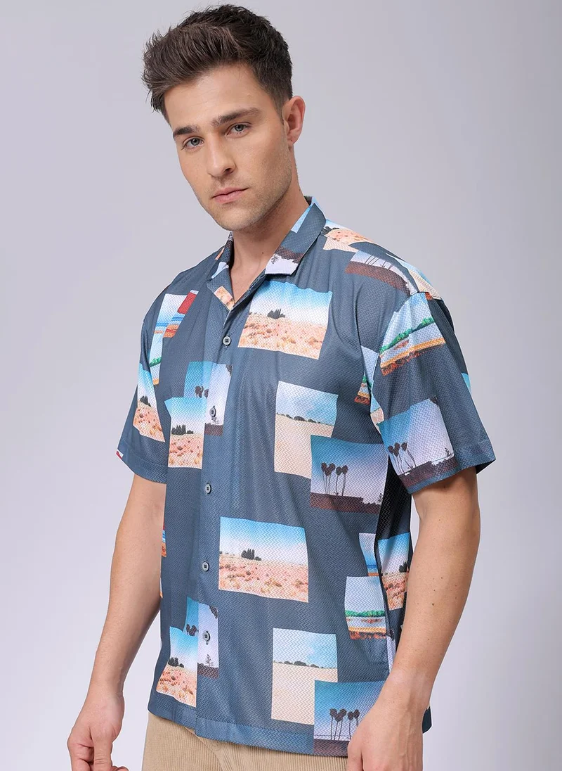 ذا انديان كراج كو Men Relaxed Fit Photo Print Half Sleeves Cuban Collar Resort Wear Shirt
