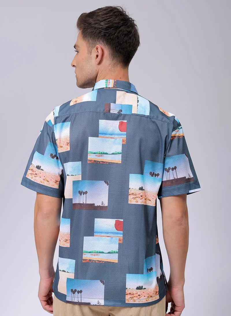 ذا انديان كراج كو Men Relaxed Fit Photo Print Half Sleeves Cuban Collar Resort Wear Shirt