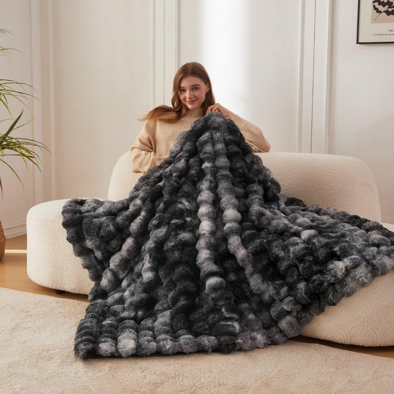 COOVA Faux Fur Throw Blanket for Couch, Cozy Soft and Fuzzy Plush Rabbit Fur Bubble Blanket for Sofa Bedroom Living Room, 50x60 Inches Tie Dye Black - Image 2