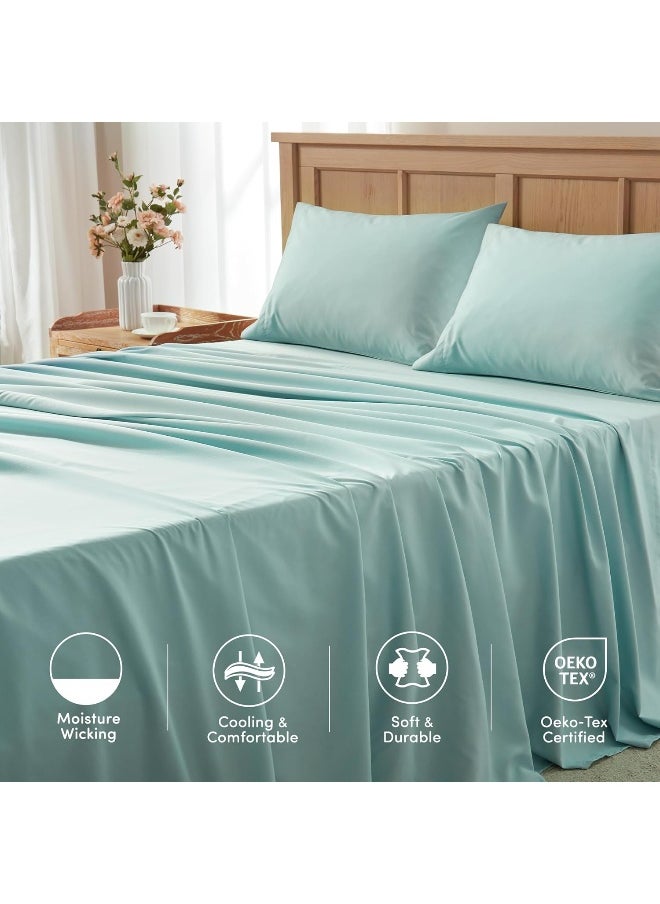 Comfort Spaces - Comfort Spaces Coolmax Moisture Wicking Sheet Set Soft, Fade Resistant, All Elastic Deep Pocket Fits Up to 16" Mattress - Warm Weather Cooling Sheets for Night Sweats, King, Aqua, 4 Piece - Image 1
