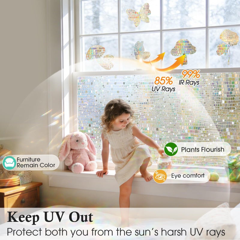 Windimiley Window Privacy Film 3D Rainbow Static Clings Bathroom Stained Glass Decorative Window Sticker Prism Holographic Decals Sun Blocking Non-Adhesive Door Covering,17.5x78.7In, Pure - Image 4