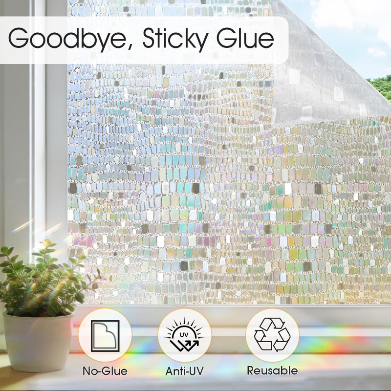 Windimiley Window Privacy Film 3D Rainbow Static Clings Bathroom Stained Glass Decorative Window Sticker Prism Holographic Decals Sun Blocking Non-Adhesive Door Covering,17.5x78.7In, Pure - Image 5