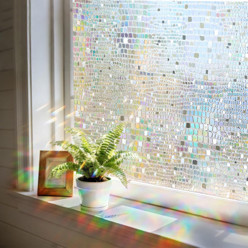 Windimiley Window Privacy Film 3D Rainbow Static Clings Bathroom Stained Glass Decorative Window Sticker Prism Holographic Decals Sun Blocking Non-Adhesive Door Covering,17.5x78.7In, Pure - Image 1