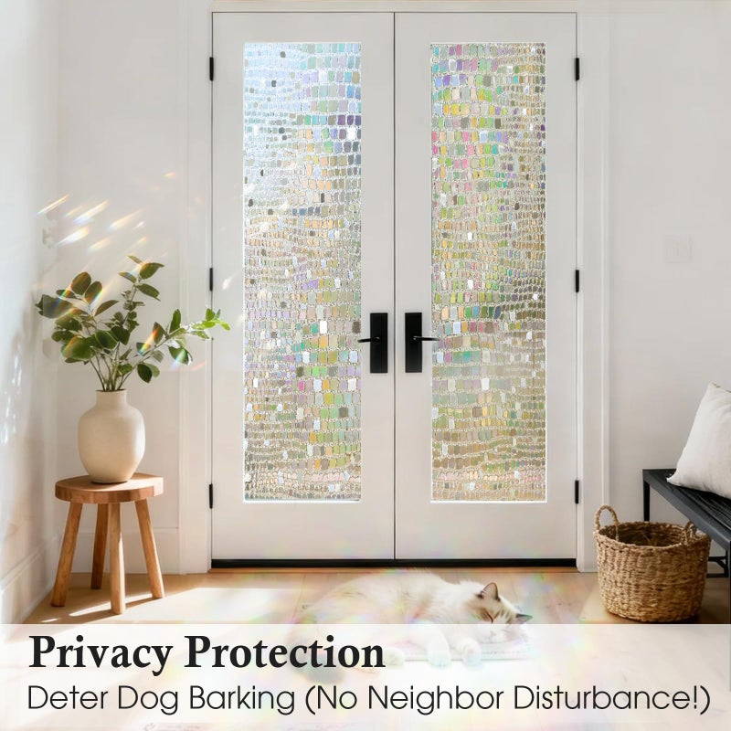 Windimiley Window Privacy Film 3D Rainbow Static Clings Bathroom Stained Glass Decorative Window Sticker Prism Holographic Decals Sun Blocking Non-Adhesive Door Covering,17.5x78.7In, Pure - Image 3