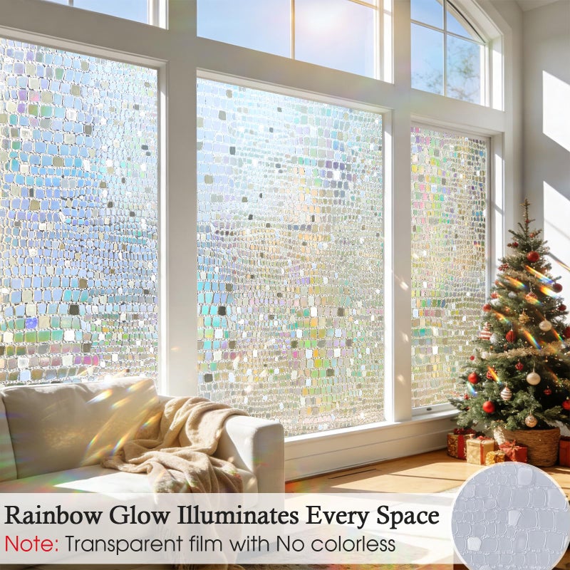 Windimiley Window Privacy Film 3D Rainbow Static Clings Bathroom Stained Glass Decorative Window Sticker Prism Holographic Decals Sun Blocking Non-Adhesive Door Covering,17.5x78.7In, Pure - Image 2