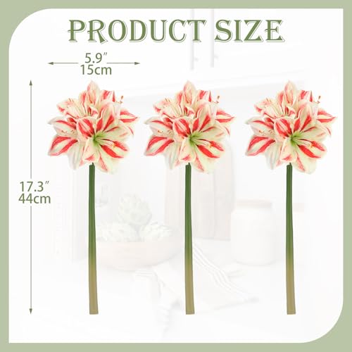 Briful 3PCS Amaryllis Artificial Flowers 173 Inch Faux Amaryllis Flowers Stems with 4 Heads Silk Floral Bouquet for Home Room Table Centerpiece Wedding Party ArrangementsRedWhite - Image 3
