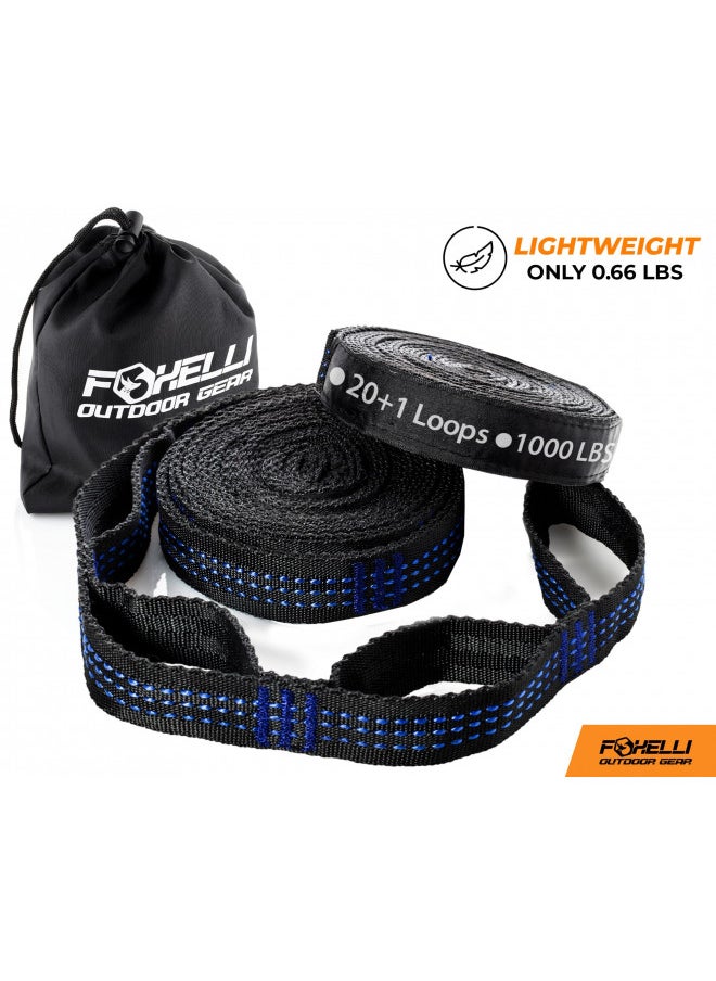 Foxelli - Foxelli Hammock Straps XL Camping Hammock Tree Straps Set (2 Straps & Carrying Bag), 20 ft Long Combined, 40+2 Loops, 2000 LBS No-Stretch Heavy Duty Straps for Hammock Suspension System Kit - Image 1