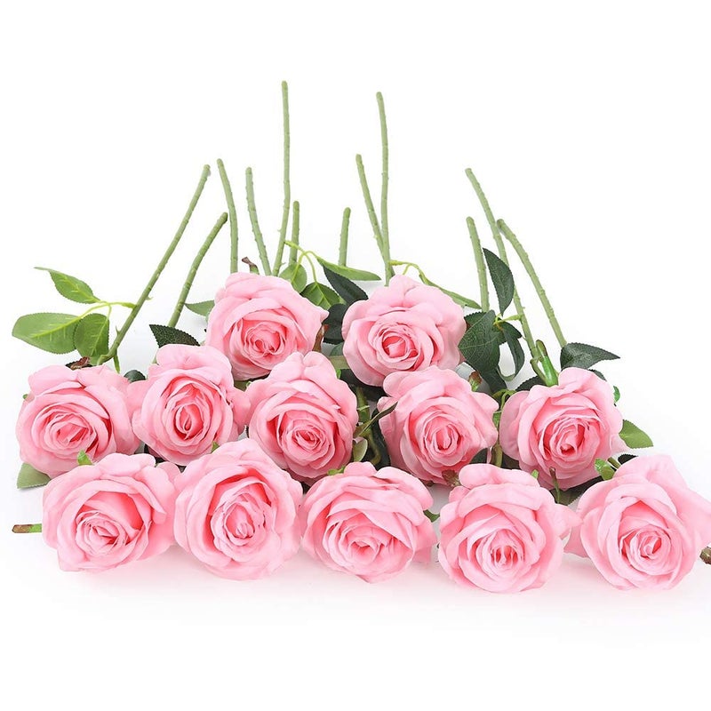 Laelfe 12 PCS Artificial Flowers Pink Roses Fake Silk Flowers Long Stem Artificial Roses for Home Wedding Decorations Pink