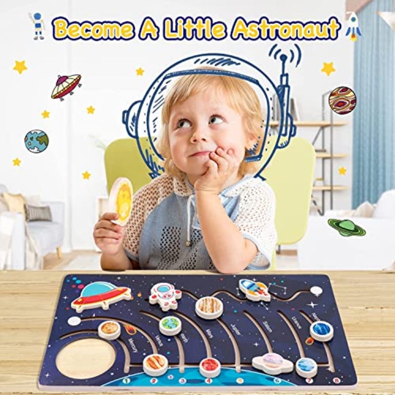 Wooden Solar System Puzzles for,Toddlers Planet Outer Space Toys Preschool Learning Activities Montessori Educational Toys Space Busy Board Gifts for Boys Girls - Image 5