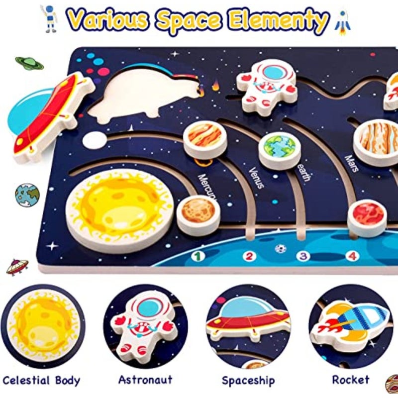 Wooden Solar System Puzzles for,Toddlers Planet Outer Space Toys Preschool Learning Activities Montessori Educational Toys Space Busy Board Gifts for Boys Girls - Image 4