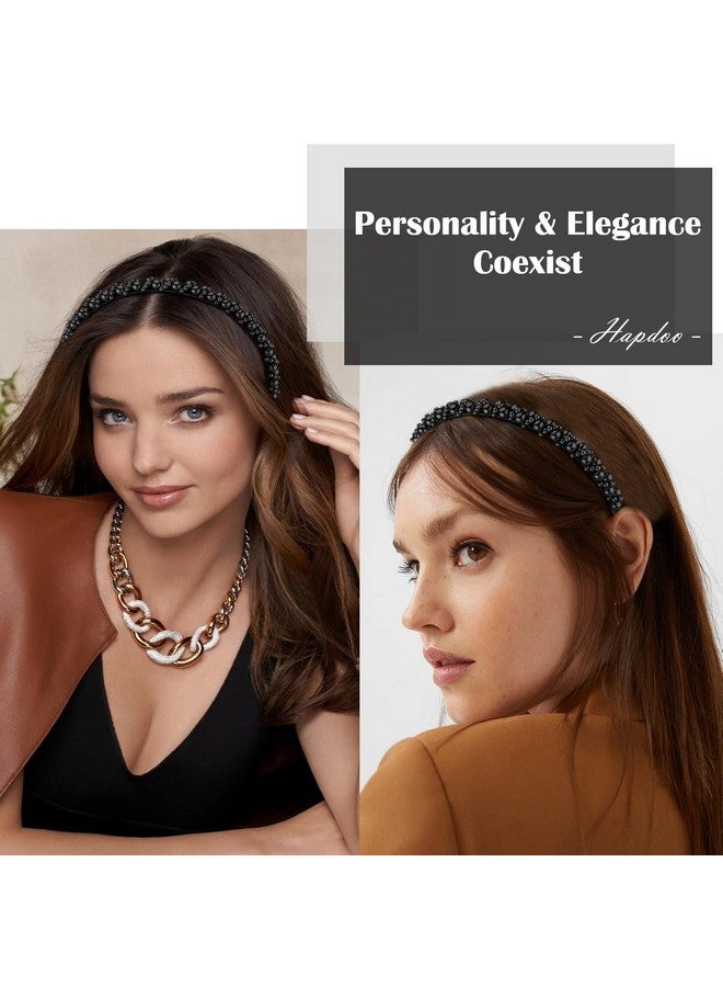 Hapdoo Black Pearl Headbands For Women Girls Cute Beads Headband With Faux Pearl For Wedding Bride Fashion Beaded Bling Hairbands Hair Hoop Accessories For Birthday - Image 2