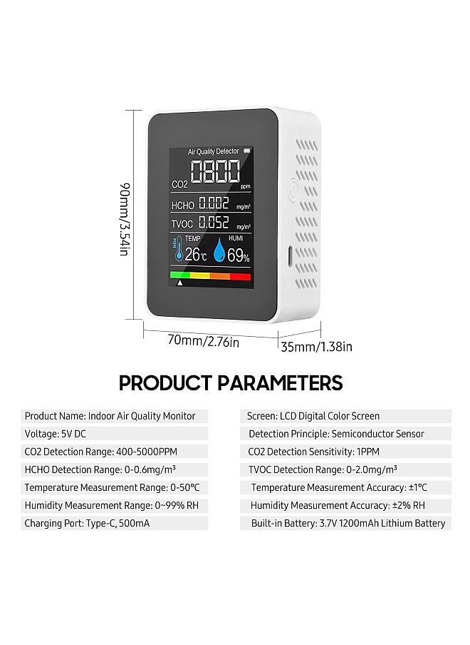 Generic - Portable Air Quality Monitor Indoor CO2 Detector 5 in 1 Formaldehyde HCHO TVOC Tester LCD Temperature Humidity Tester Rechargeable CO2 Alarm Meter for Room Office Greenhouse Warehouse - Image 1