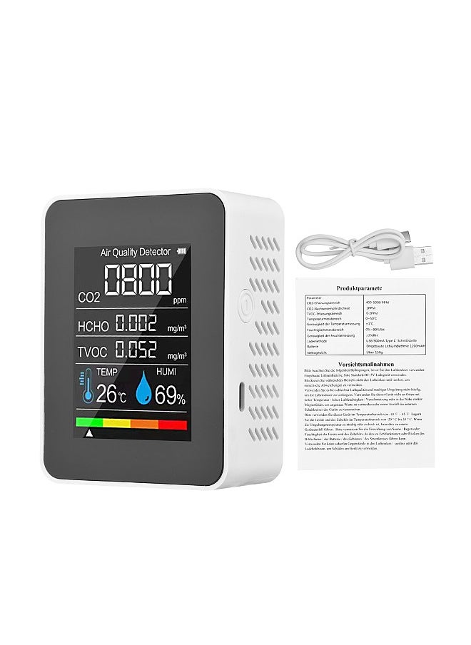 Generic - Portable Air Quality Monitor Indoor CO2 Detector 5 in 1 Formaldehyde HCHO TVOC Tester LCD Temperature Humidity Tester Rechargeable CO2 Alarm Meter for Room Office Greenhouse Warehouse - Image 1