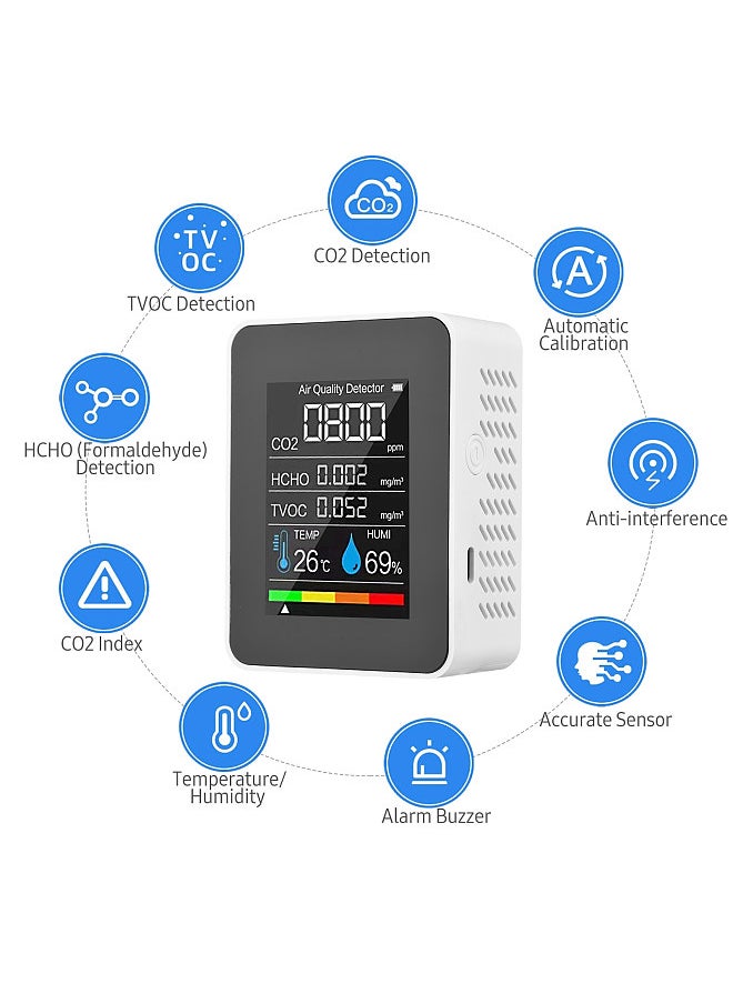 Generic - Portable Air Quality Monitor Indoor CO2 Detector 5 in 1 Formaldehyde HCHO TVOC Tester LCD Temperature Humidity Tester Rechargeable CO2 Alarm Meter for Room Office Greenhouse Warehouse - Image 1