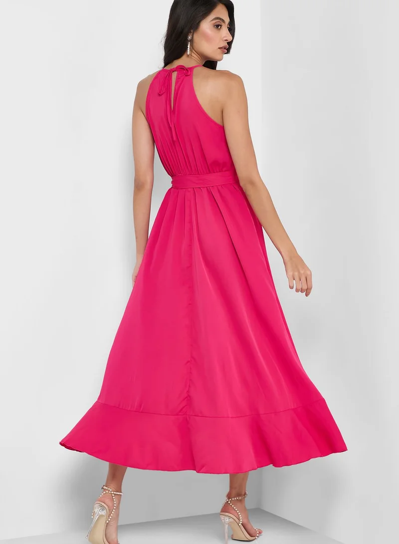 ELLA Halter Embroidered Yoke Belted Dress