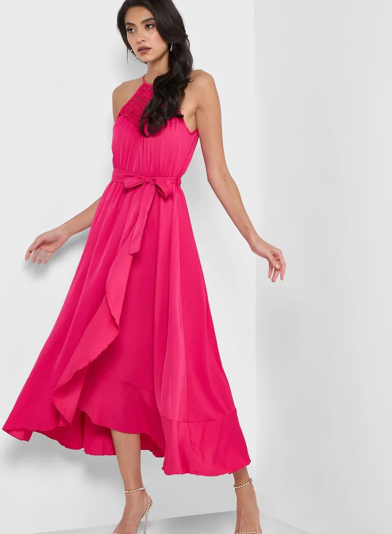 ELLA Halter Embroidered Yoke Belted Dress