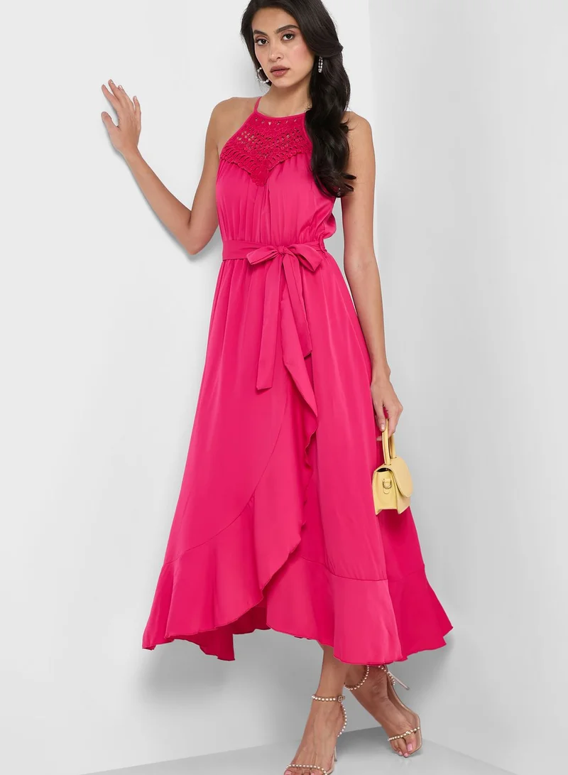 ELLA Halter Embroidered Yoke Belted Dress