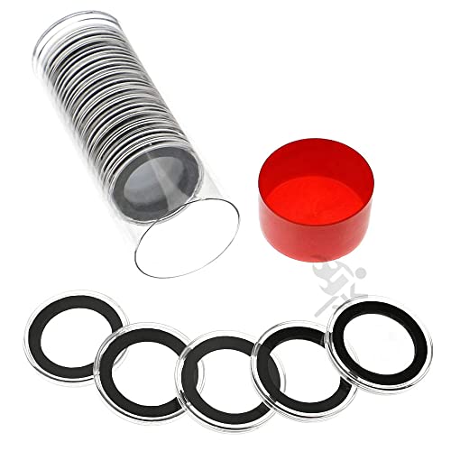 OnFireGuy 20pcs 30mm Black Ring Coin Holders & Capsule Tube with Red Cap Lid for Half Dollars | Capsules & Storage Tube for Franklin & Kennedy Half Dollars - Image 1