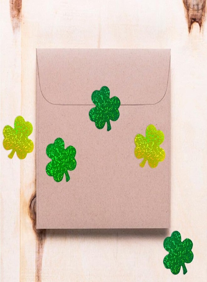Hrnsnails 500Pcs St Patricks Day Clover Stickers Roll - Laser Green Clover Shape Self-Adhesive Sealing Stickers, 1.5inch Yellow Sparkly Waterproof Decals for St Patricks Day Party Envelope Scrapbook Decor - Image 3