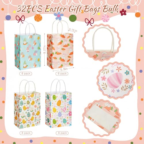 Resholder 32 Pcs Easter Gift Bags Easter Kraft Paper Bags Bulk Bunny Goodies Bag Spring Treat Bag with Handles for Egg Hunts Candy Cookie Gifts Spring Holiday Party Favors Basket Stuffers Supplies - Image 3