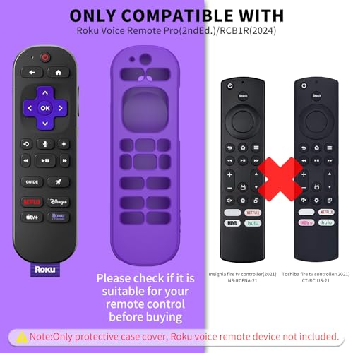 Wacanc [2 Pcs] Silicone Remote Case Cover for Roku Voice Remote Pro (2nd Ed.), Anti Slip Shockproof Remote Protective Sleeve for RCB1R(2024), Remote Protective Cover Case with Lanyard (Purple+Glow Blue) - Image 2